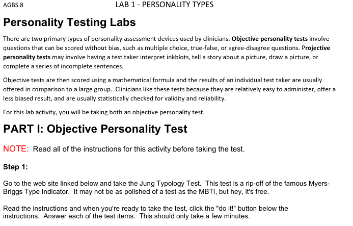  AGBS 8 LAB 1 - PERSONALITY TYPES Personality Testing Labs There