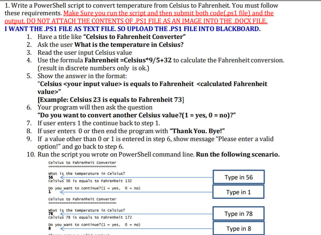  1. Write a PowerShell script to convert temperature from Celsius to
