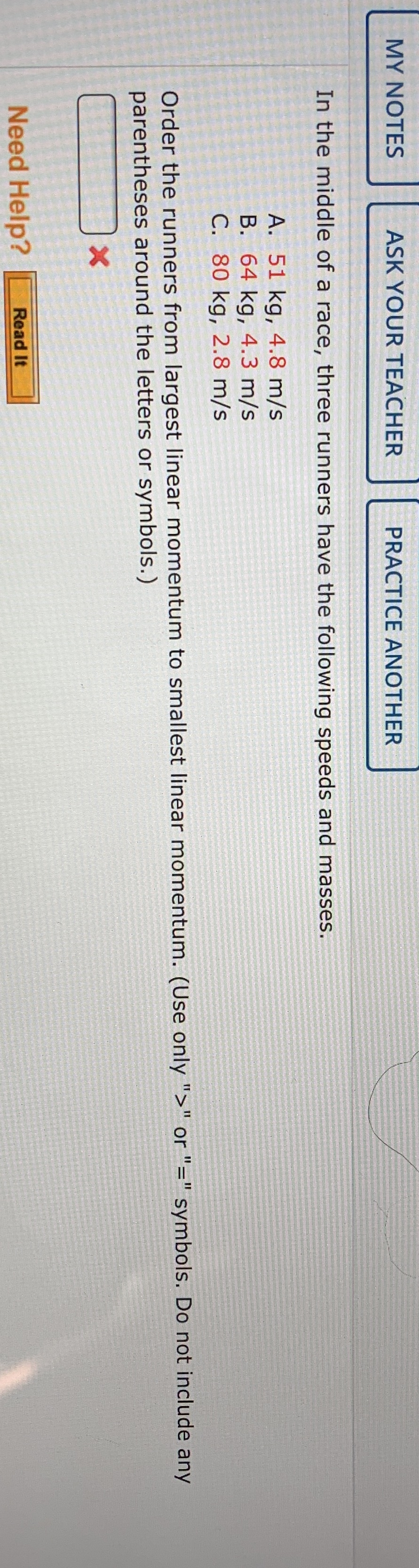 Linear momentum MY NOTES ASK YOUR TEACHER PRACTICE ANOTHER In the middle