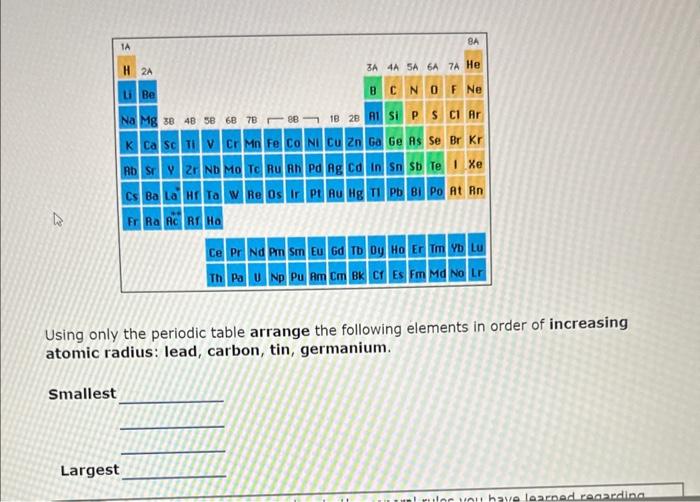  Using only the periodic table arrange the following elements in order