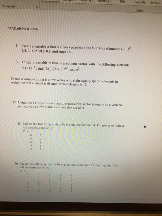  2Title Subtitle Subtle En ing Heading Paragraph Styles MATLAB PROGRAM 1.