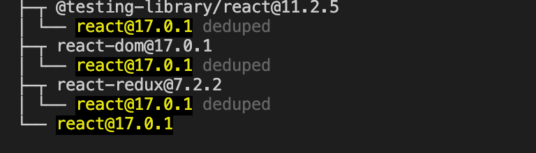How to unlink or delete the extra react@17.0.1 under react-redux@7.2.2? @testing-library/react@11.2.5