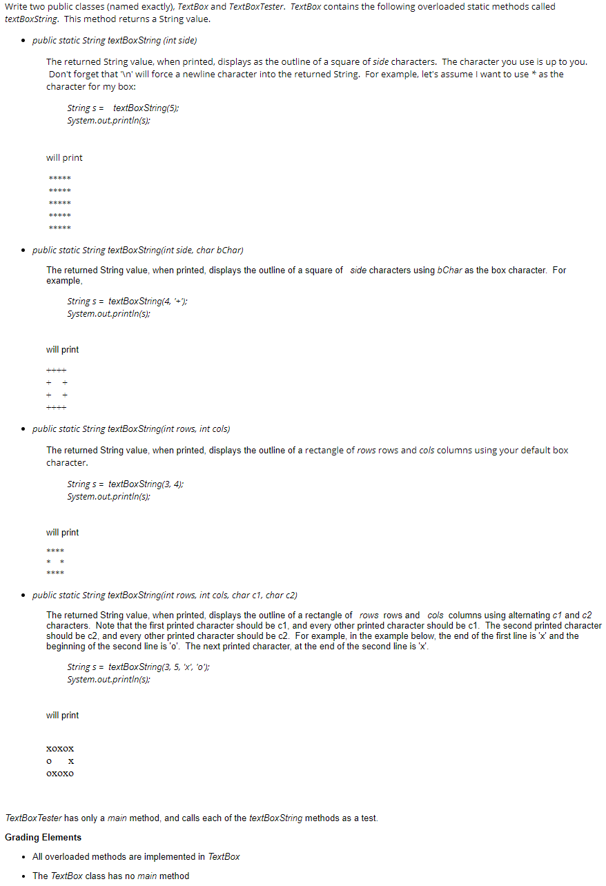  use Java pls Write two public classes (named exactly), TextBox and