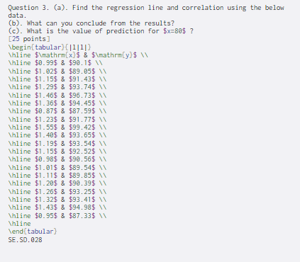 Question 3. (a). Find the regression line and correlation using the