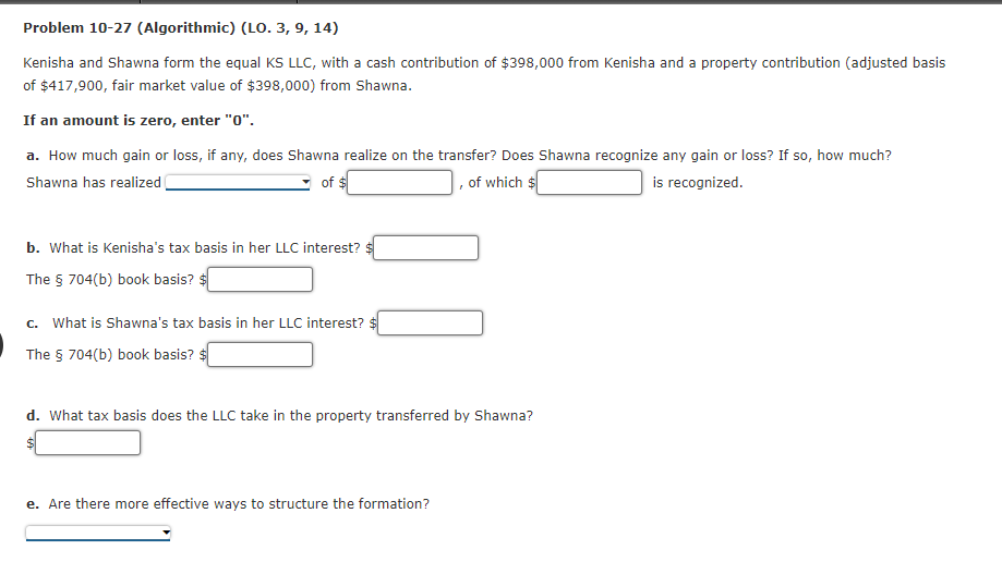  Problem 10-27 (Algorithmic) (LO. 3, 9, 14) Kenisha and Shawna form