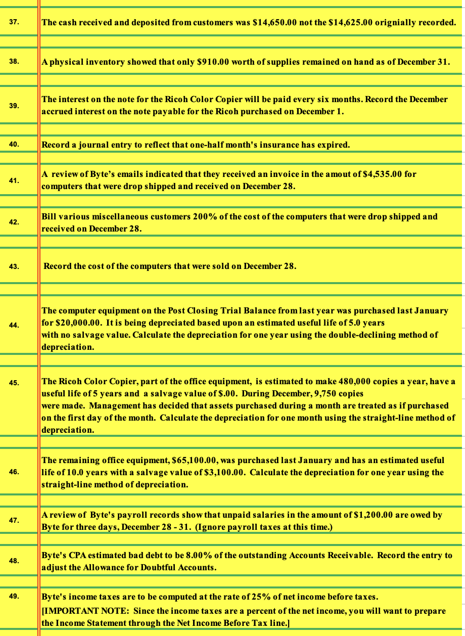 & December3:Check#6001for$2,700.00wasissuedbyBytetopayforrentoftheofficespaceforDecember. \\ \hline 04. & December3:Bytereceived12SuperTonersforresaletocustomersatacostof$23.00pertoner.Theinvoicenumberwas7249,andrequirespaymentwithin30days. \\ \hline 05. & December10:Bytesold4SuperTonerstoacustomeronaccountfor$53.00each.TheSalesordernumberwas12100.