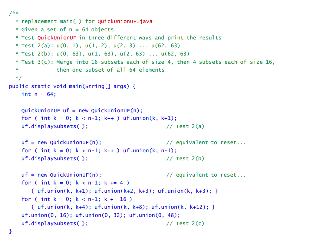 each of the three given classes, add a public method displaySubsets() that