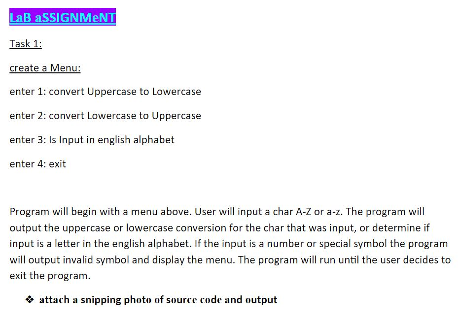 Need help on C++ Homework Thanks. LaB aSSIGNMeNT Task 1 create a