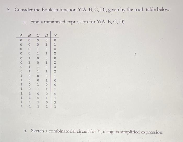 Consider the Boolean function Y(A,B,C,D), given by the truth table below.