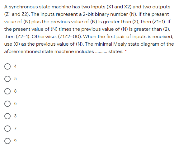 A synchronous state machine has two inputs (X1 and X2) and