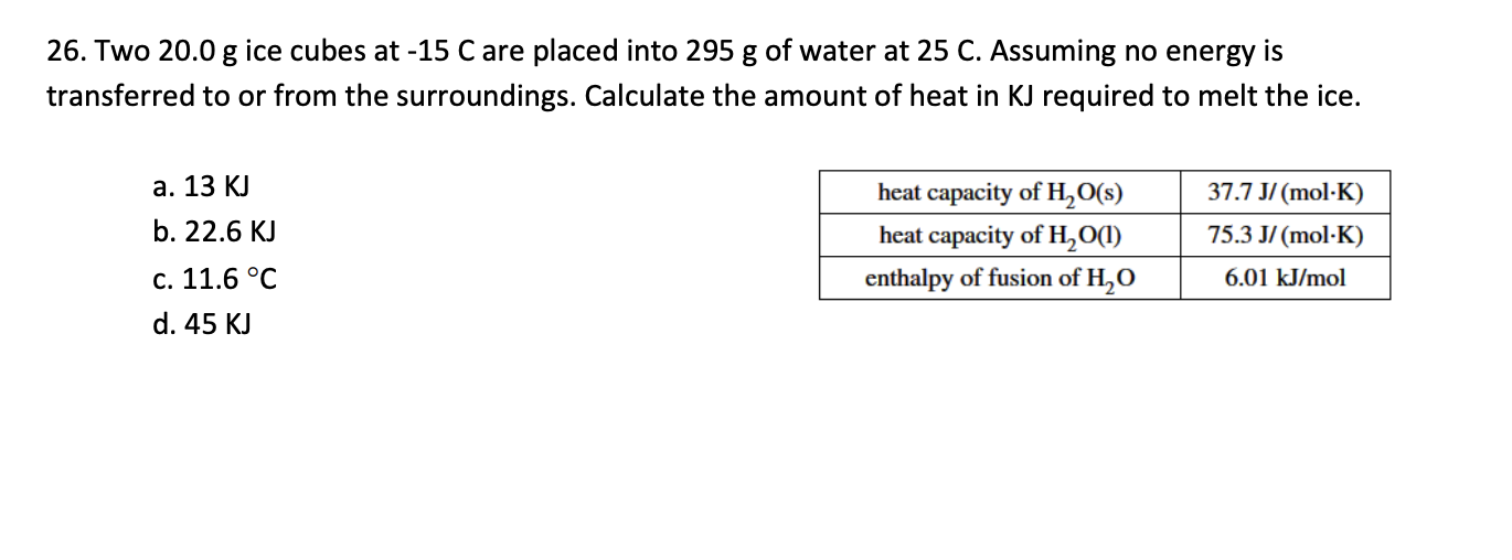  Two 20.0g ice cubes at -15C are placed into 295g of