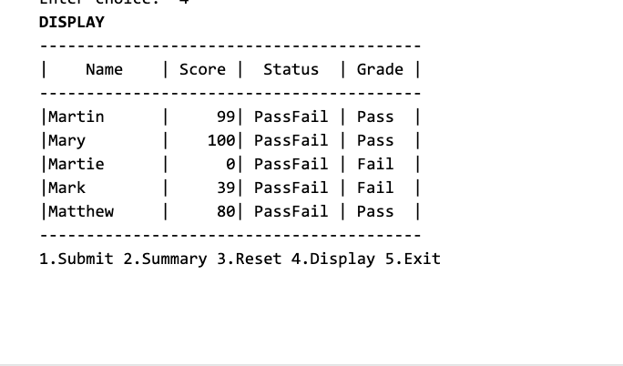 grade = 'Fail' return grade def submit(): global name_list, score_list, status_list, grade_list