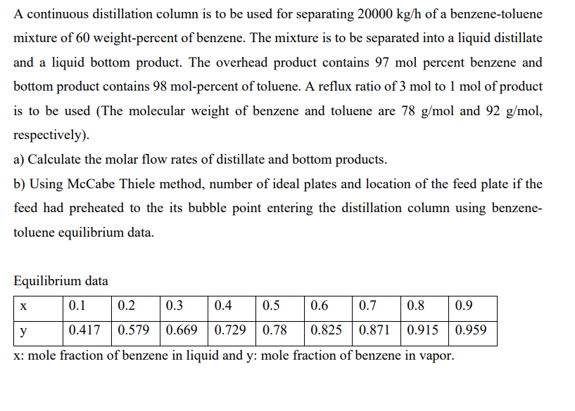  A continuous distillation column is to be used for separating 20000kg/h
