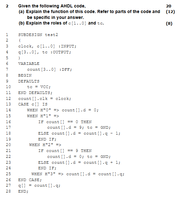 2 20 Given the following AHDL code, (a) Explain the function
