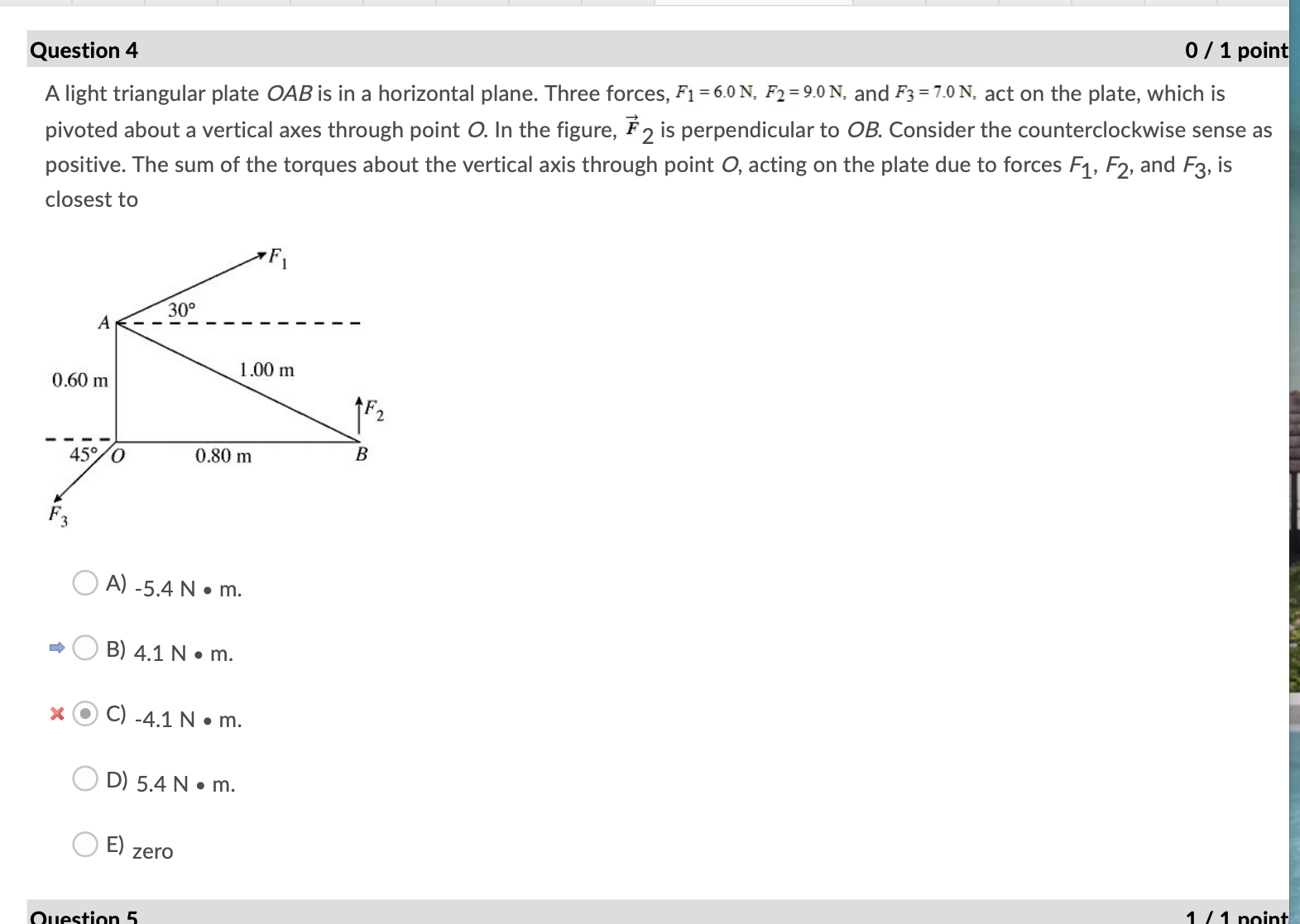  Question 4 0 / 1 point A light triangular plate OAB