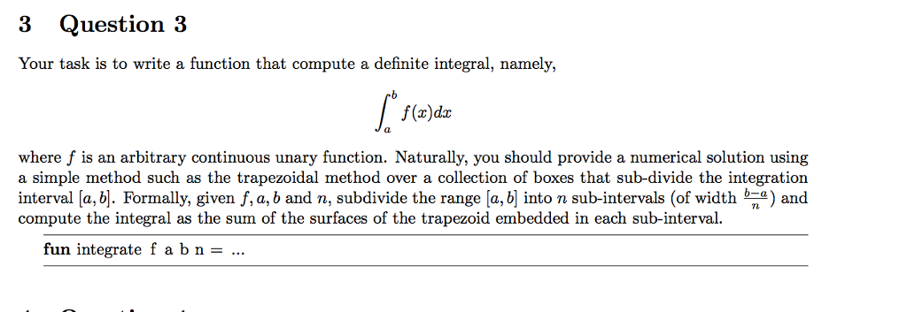 Computing definite integrals in Standard ML programming language. Please don't give math