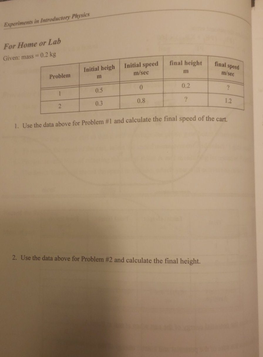 General physics Experiments in Introductory Physics For Home or Lab Given: mass