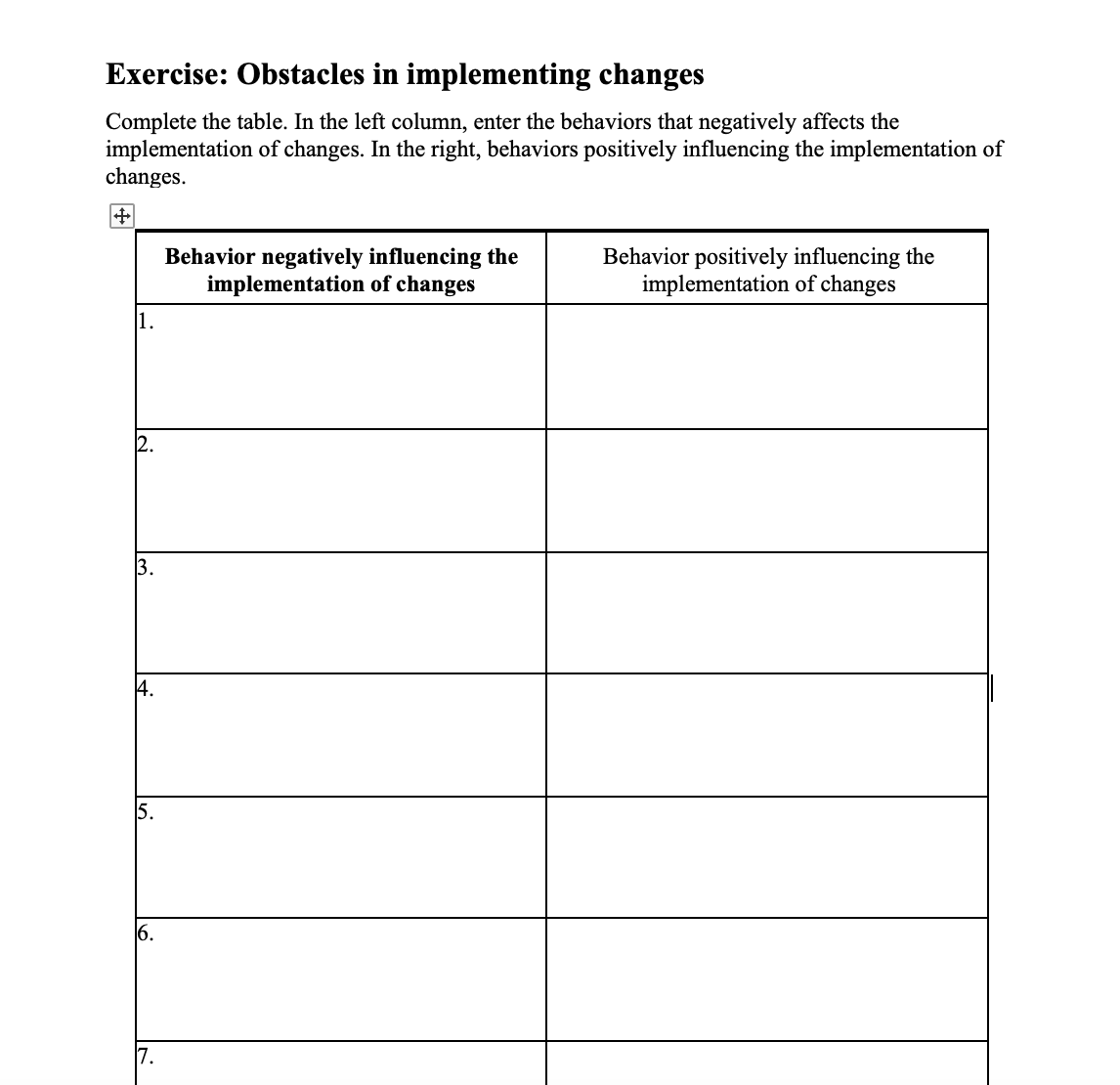  Exercise: Obstacles in implementing changes Complete the table. In the left