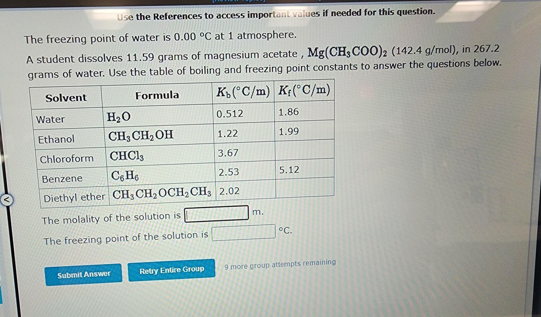 T=T(puresolvent)T(solution) and for boiling point elevation: T=T(solution)T(puresolvent) m= (\# moles solute /Kg