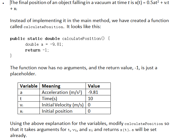 Java Functions The final position of an object falling in a vacuum