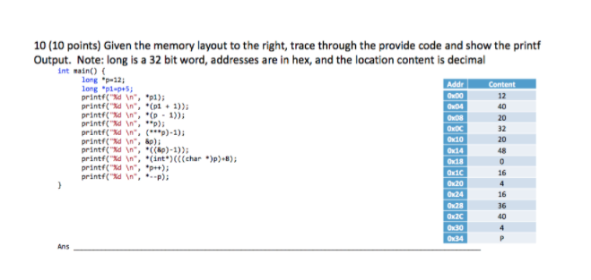 Please Solve the Question Using C++ 10 (10 points) Given the memory