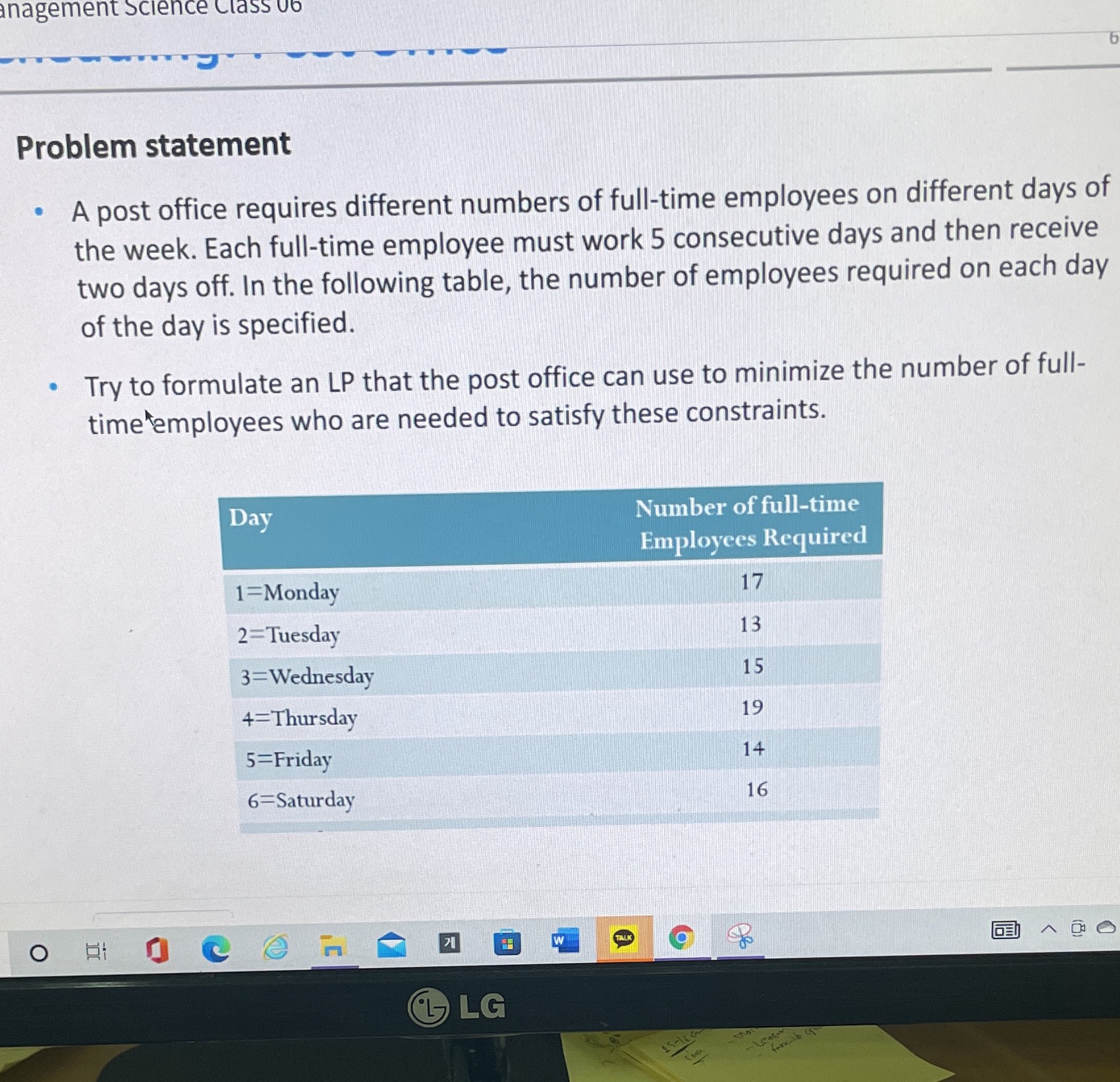  anagement Science Class Problem statement . A post office requires different