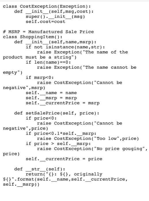  Please help with python code. class CostException (Exception): def _init(self,msg,cost): super