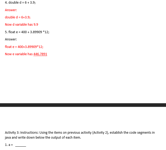 Activity 2: Append the (literal constants) values assigned on each variables below