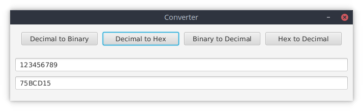 to binary, decimal to hexadecimal, binary to decimal, and from hexadecimal to