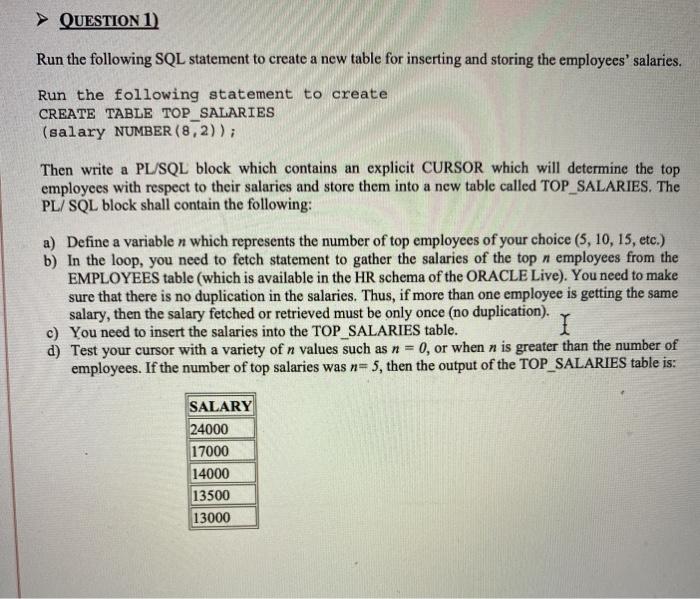  QUESTION 1) Run the following SQL statement to create a new