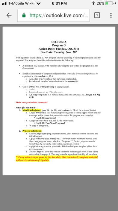  l T-Mobile Wi-Fi 6:31 PM https://outlook.live.com/ CSCI 282 A Program 3