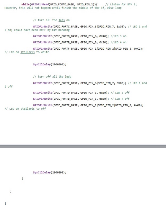 Peripheral ports for input/ output sysctiperipheralEnable(SYSCTL PERIPH_GPIOC) /PORTC GPIOPinTypeGPIOOutput (GPIO_PORTC BASE, GPIO_PIN_61GPIO_PIN