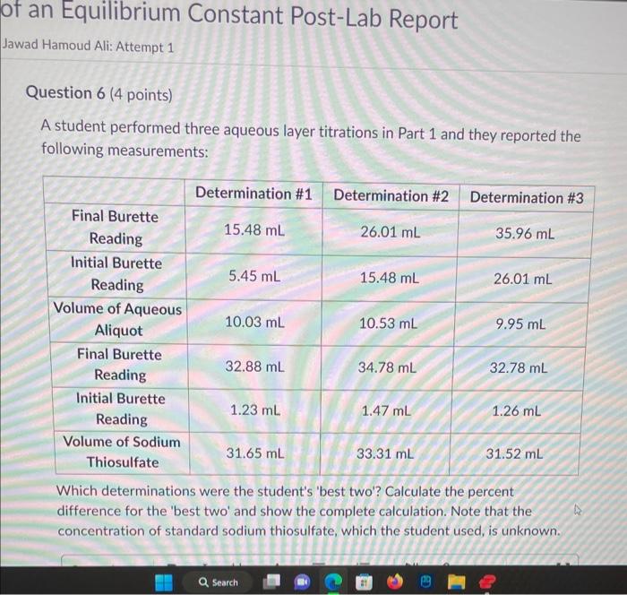  A student performed three aqueous layer titrations in Part 1 and