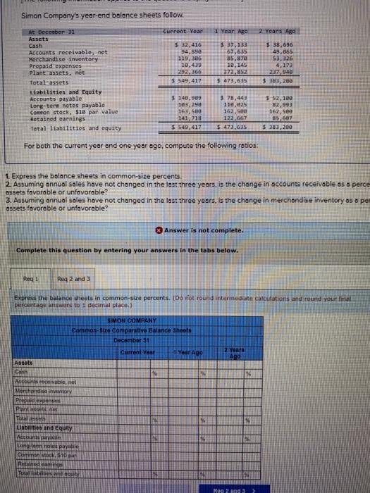  Simon Compony's year-end balance sheets follow. For both the current yeor