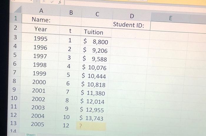  > A B B C 1 D Student ID: Name: Year