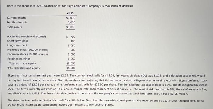  Here is the condensed 2021 balance sheet for Skye Computer Company