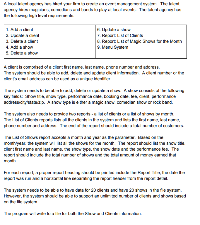 I need help with a Java 8 assignment: A local talent agency