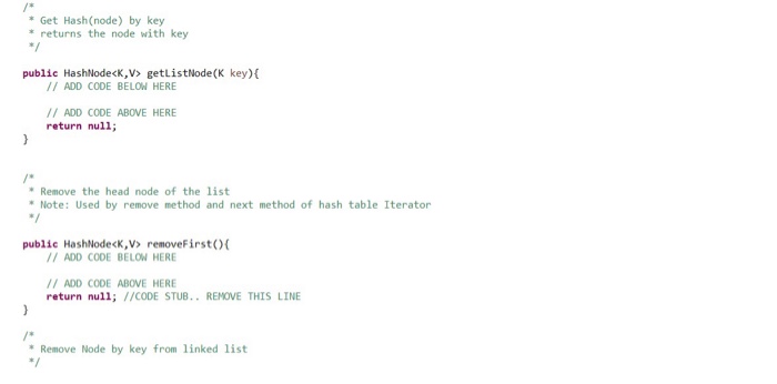 class for the buckets of the hash table. Implement the methods add(K,V),
