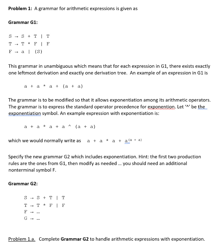  Problem 1: A grammar for arithmetic expressions is given as Grammar