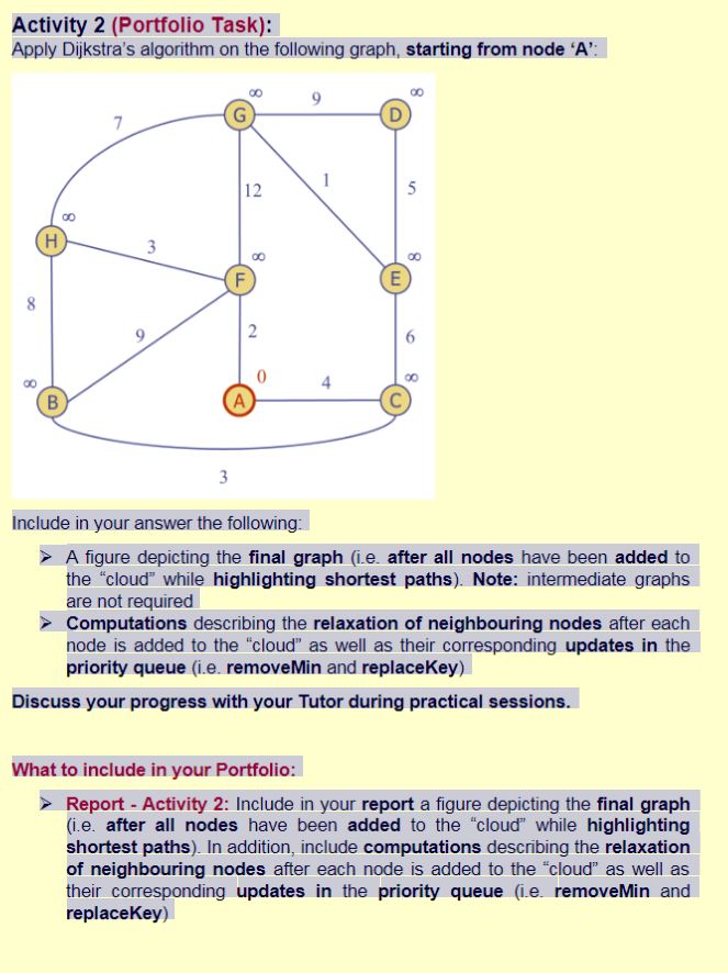  Activity 2(Portfolio Task): Apply Dijkstra's algorithm on the following graph, starting