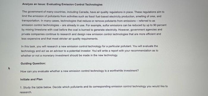 please help me Analyze an Issue: Evaluating Emission Control Technologies The govermment