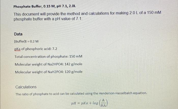 calculate the vakues for A and HA Phosphate Buffer, 0.15M,pH 7.1, 2.0L