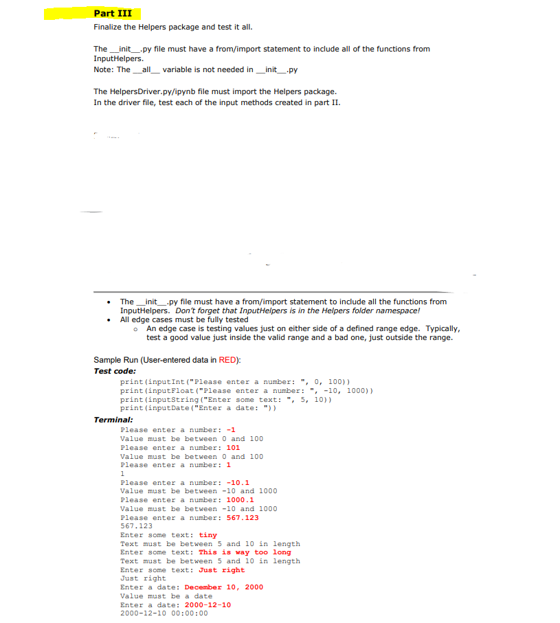 for each section. Because of the nature of this lab, most of