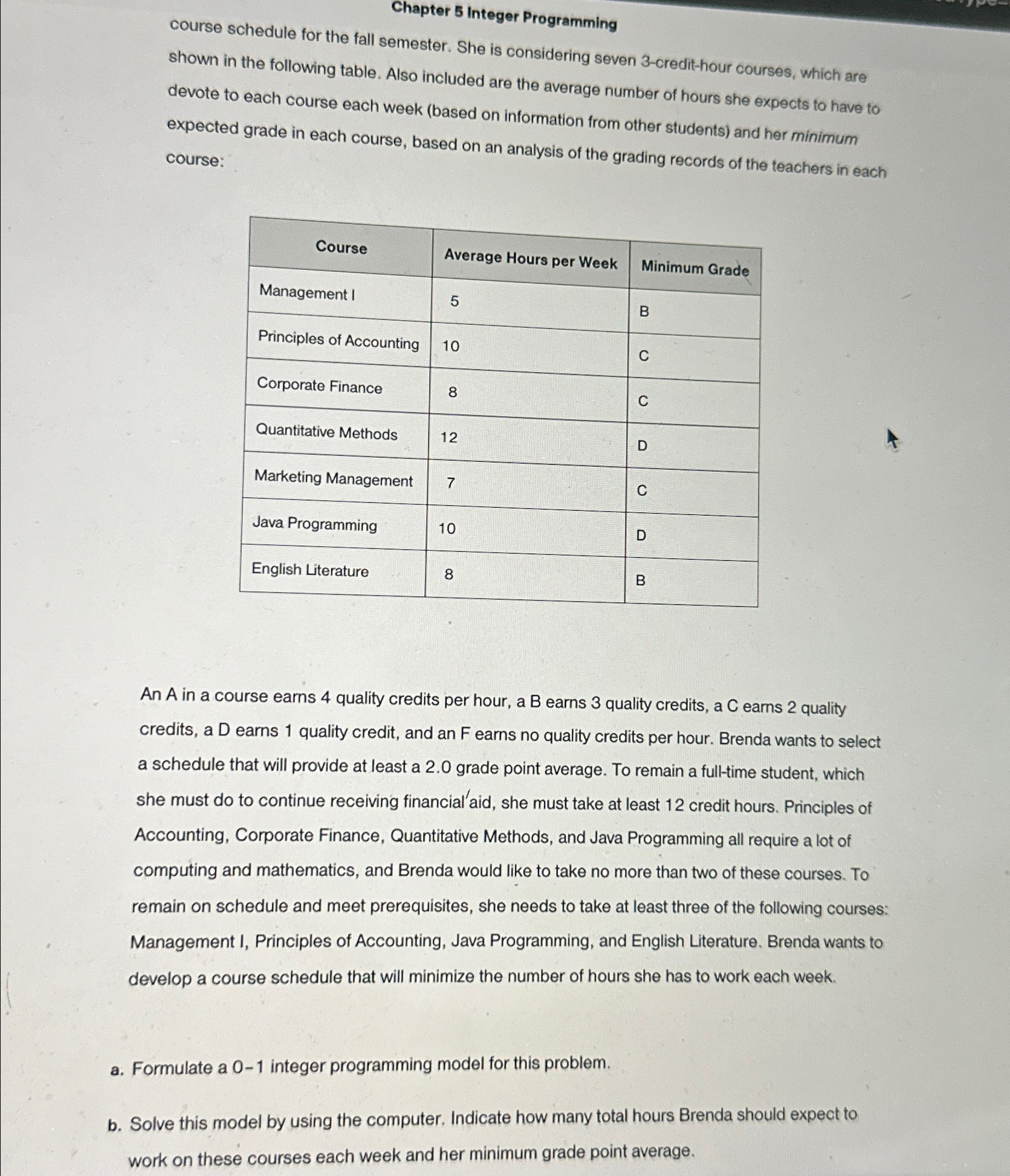  Chapter 5 Integer Programming course schedule for the fall semester. She