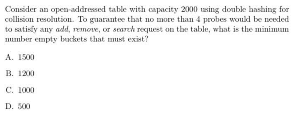 Consider an open-addressed table with capacity 2000 using double hashing for
