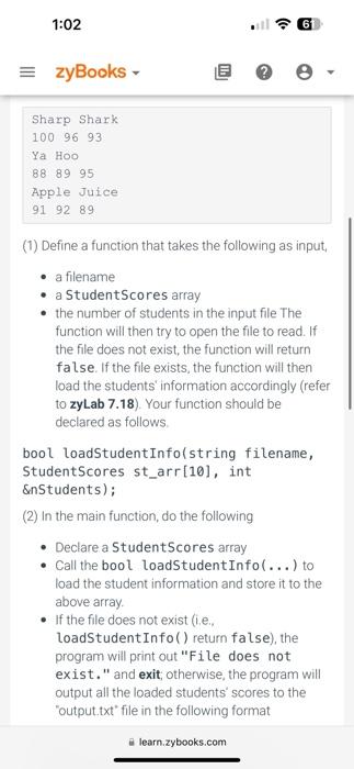 member variables, including name (a string), mathScore (an integer), scienceScore (an integer),