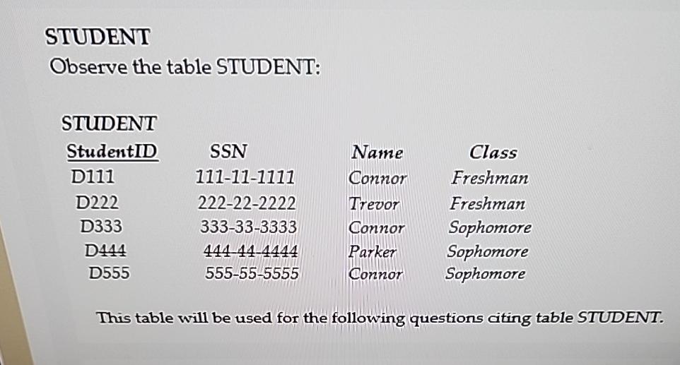  STUDENT Observe the table STUDENT: STUDENT \table[[StudentID,SSN,Name,Class],[D111,111-11-1111,Connor,Freshman],[D222,222-22-2222,Trevor,Freshman],[D333,333-33-3333,Connor,Sophomore],[D444,444-44-4444,Parker,Sophomore],[D555,555-55-5555,Connor,Sophomore]] This table will be