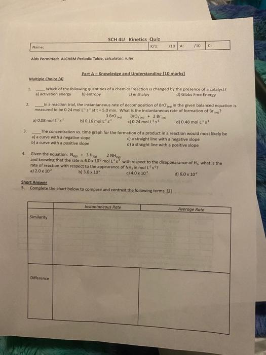 please answer all including the short answer similarity table SCH 40 Kinetics
