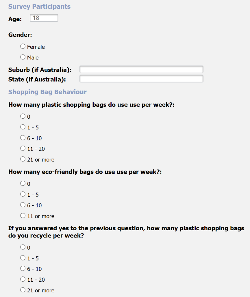 Write a simple Javascript for a survey form. The questions and format