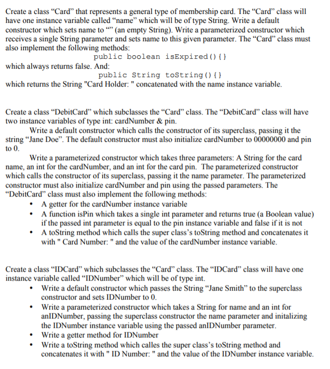  JAVA language Create a class "Card" that represents a general type